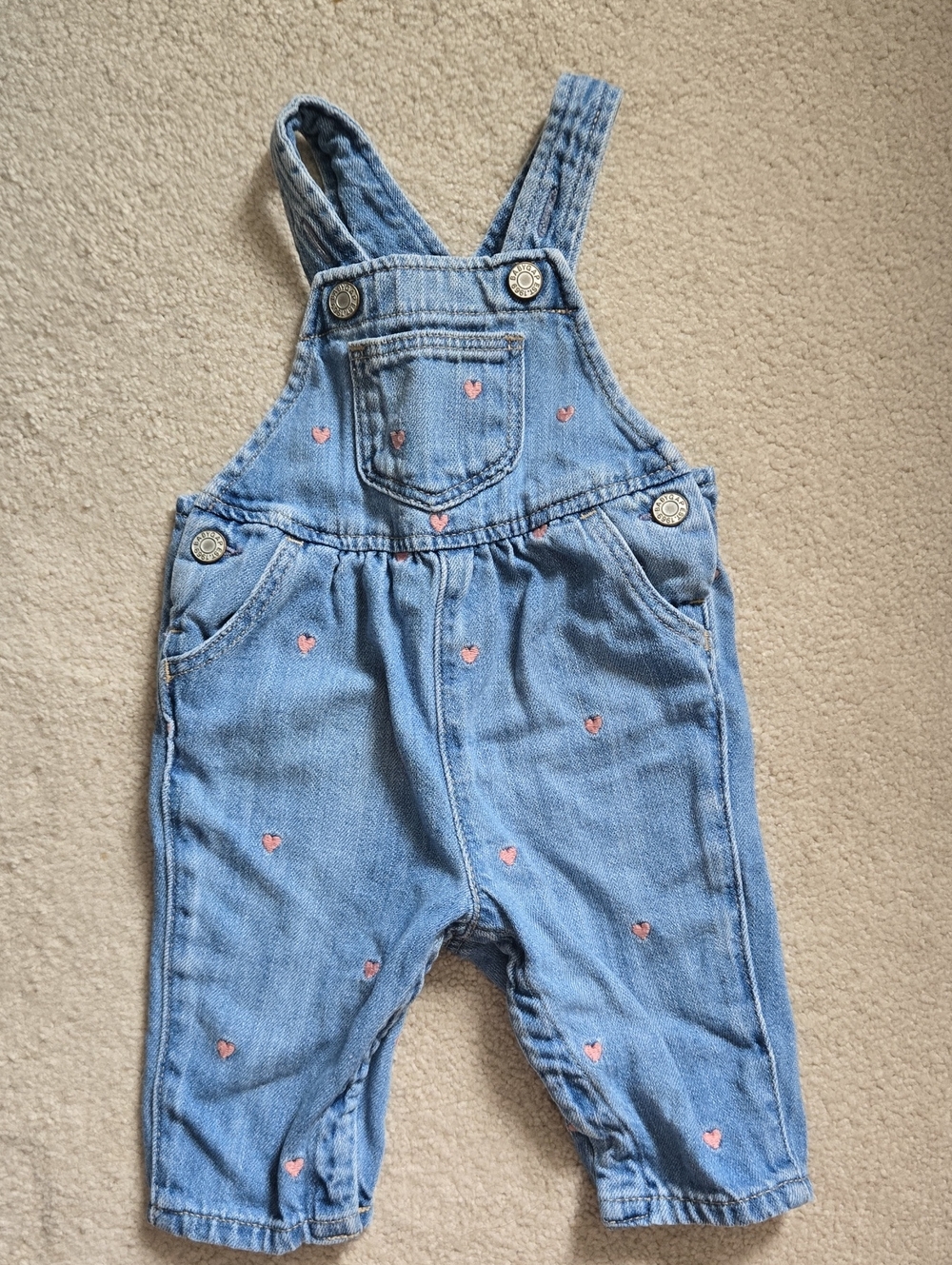 GAP Denim Overalls with Pink Heart Embroidery, Size 3-6M